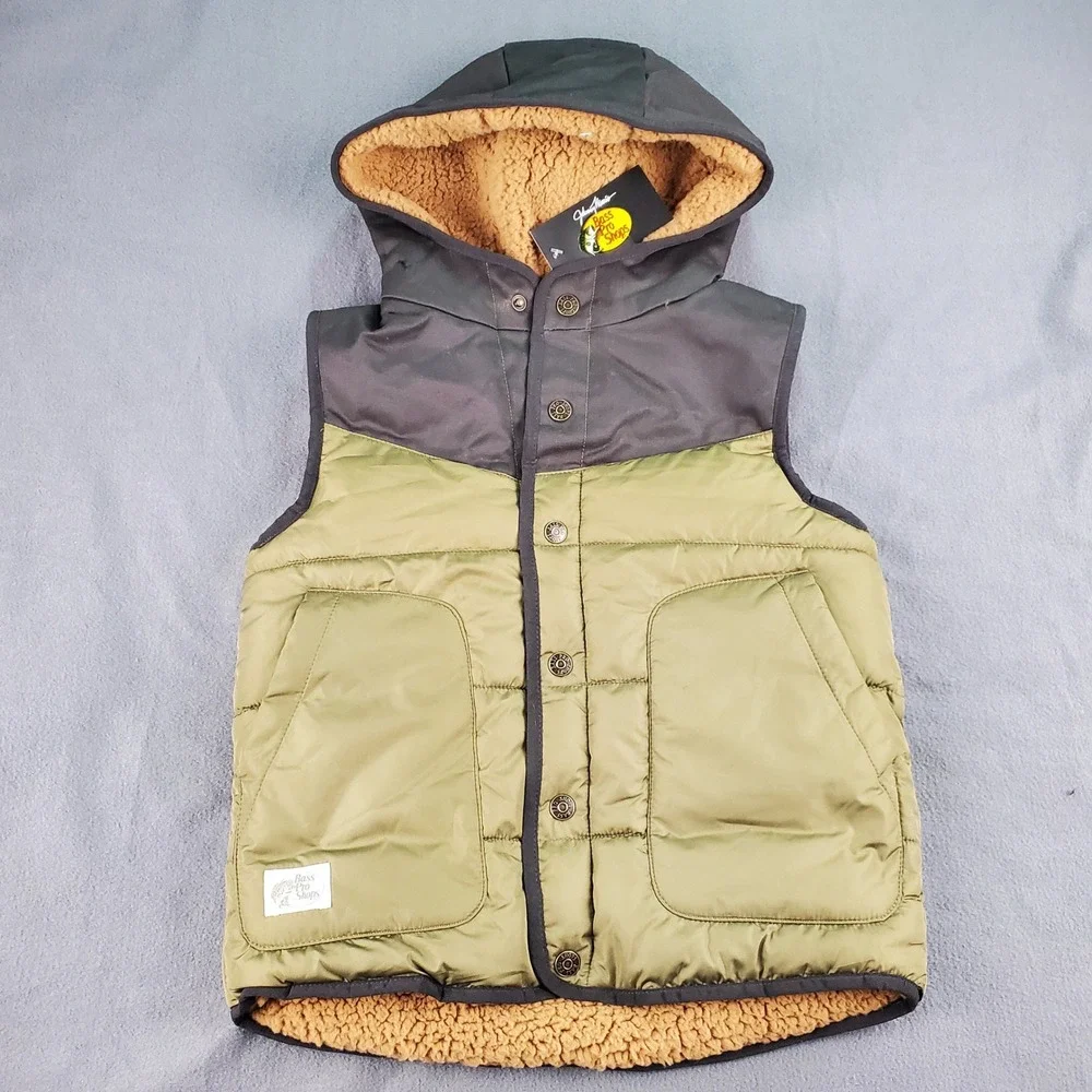 Bass Pro Shops Youth Unisex Vest Burnt Olive Hooded Sherpa Lined Size M